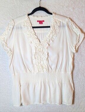 96-Sunny Leigh White Ruffle V-Neck Smocked Waist Blouse